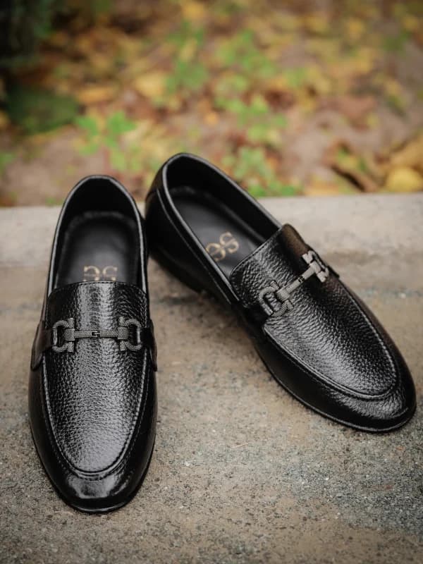 Men's Black Pebbled Leather Bit Loafers