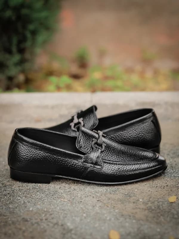 Men's Black Pebbled Leather Bit Loafers