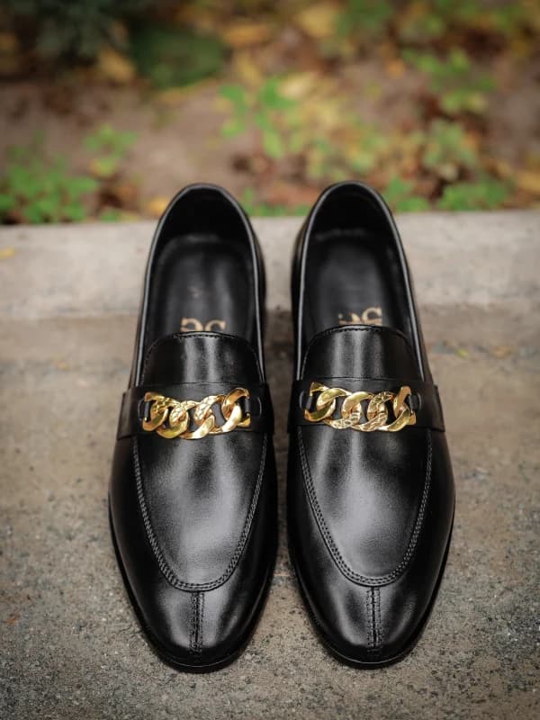 Premium Black Leather Loafers with Gold Chain