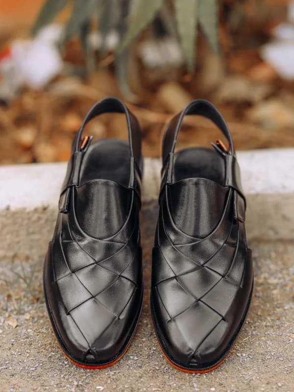 Men's Black Woven Leather Peshawari Chappals